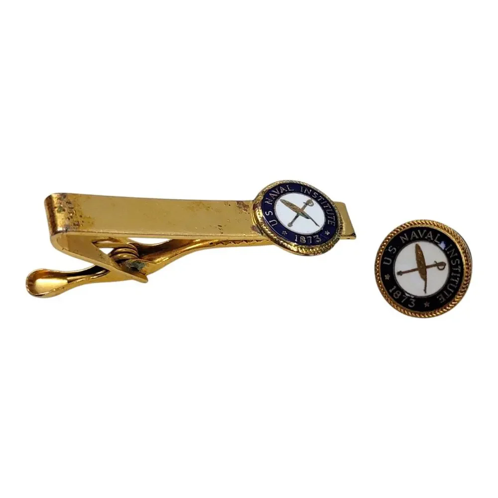 Vintage US Naval Institute 1873 1/20 10K GF Tie Clip Bar & Lapel Pin 2pc Set